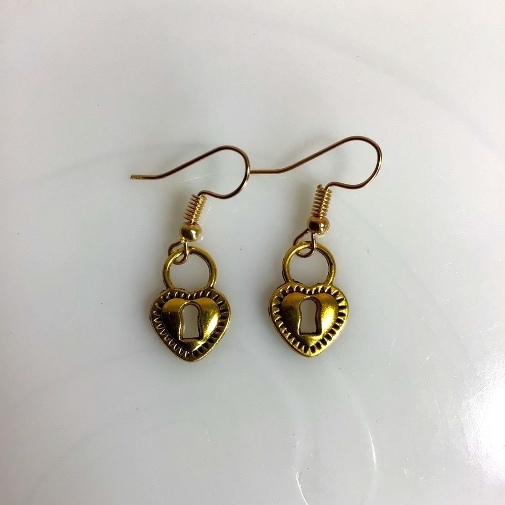 Gold Heart Locket Fashion Dangle Statement Earrings - NWOT